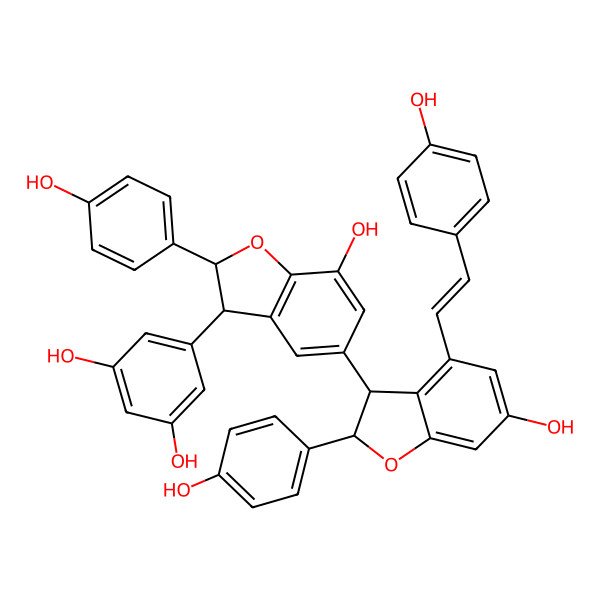 2D Structure of 5-[(2R,3R)-7-hydroxy-5-[(2S,3S)-6-hydroxy-2-(4-hydroxyphenyl)-4-[(E)-2-(4-hydroxyphenyl)ethenyl]-2,3-dihydro-1-benzofuran-3-yl]-2-(4-hydroxyphenyl)-2,3-dihydro-1-benzofuran-3-yl]benzene-1,3-diol