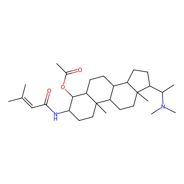 2D Structure of Acetic Acid (1S,6R,7R,10R,11S,12S,15S,16S)-17-((S)-1-Dimethylamino-Ethyl)-10,13-Dimethyl-3-(3-Methyl-But-2-Enoylamino)-Hexadecahydro-Cyclopenta(A)Phenanthren-4-Yl Ester