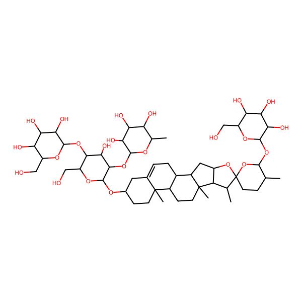2D Structure of (2S,5R)-2-[(2R,4S,6R)-4-hydroxy-6-(hydroxymethyl)-2-[(5'R,9S,13R,16S)-5',7,9,13-tetramethyl-6'-[(2S,4S,6R)-3,4,5-trihydroxy-6-(hydroxymethyl)oxan-2-yl]oxyspiro[5-oxapentacyclo[10.8.0.02,9.04,8.013,18]icos-18-ene-6,2'-oxane]-16-yl]oxy-5-[(2S,4S,6R)-3,4,5-trihydroxy-6-(hydroxymethyl)oxan-2-yl]oxyoxan-3-yl]oxy-6-methyloxane-3,4,5-triol