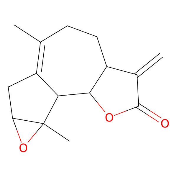 2D Structure of (1S,2S,6S,12S,14R)-9,14-dimethyl-5-methylidene-3,13-dioxatetracyclo[8.4.0.02,6.012,14]tetradec-9-en-4-one