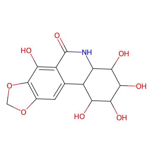 2D Structure of (1R,2S,3R,4R,4aS,11bR)-1,2,3,4,7-pentahydroxy-2,3,4,4a,5,11b-hexahydro-1H-[1,3]dioxolo[4,5-j]phenanthridin-6-one