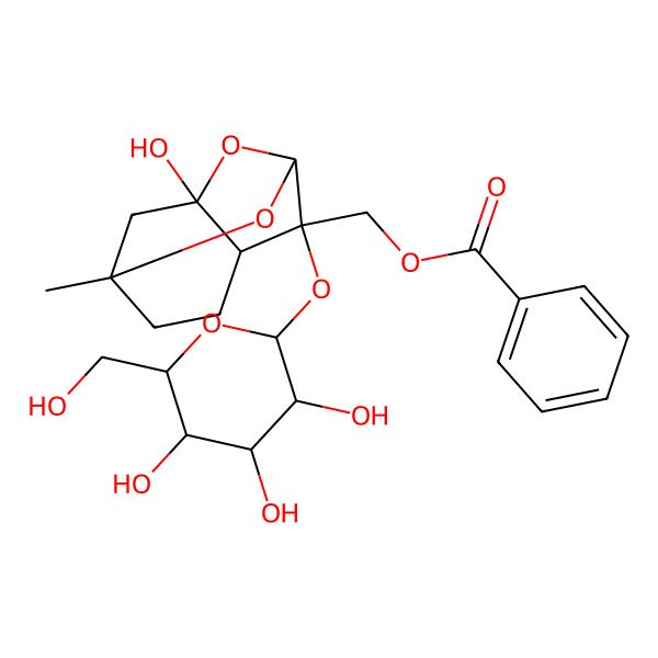 2D Structure of [(1S,2R,6R,8R)-8-hydroxy-6-methyl-2-[3,4,5-trihydroxy-6-(hydroxymethyl)oxan-2-yl]oxy-9,10-dioxatricyclo[4.3.1.03,8]decan-2-yl]methyl benzoate