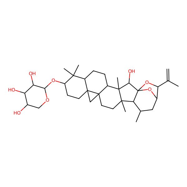 2D Structure of (2S,3R,4S,5R)-2-[[(1S,2R,3S,4R,7R,9S,12R,14S,17R,18R,19R,21S,22R)-2-hydroxy-3,8,8,17,19-pentamethyl-22-prop-1-en-2-yl-23,24-dioxaheptacyclo[19.2.1.01,18.03,17.04,14.07,12.012,14]tetracosan-9-yl]oxy]oxane-3,4,5-triol