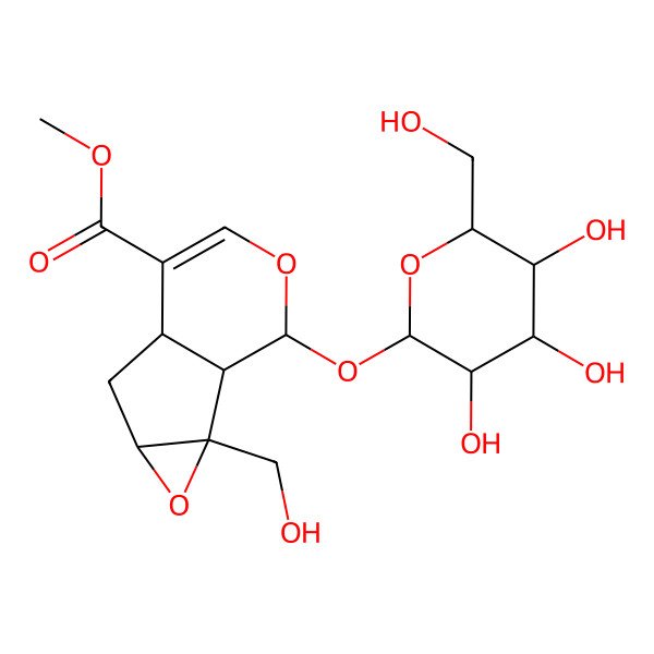 2D Structure of methyl (1S,2S,4S,6S,10S)-2-(hydroxymethyl)-10-[(2S,3R,4S,5S,6R)-3,4,5-trihydroxy-6-(hydroxymethyl)oxan-2-yl]oxy-3,9-dioxatricyclo[4.4.0.02,4]dec-7-ene-7-carboxylate