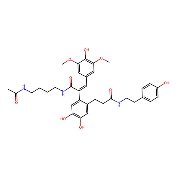 2D Structure of (e)-2-(4,5-dihydroxy-2-{3-[(4-hydroxyphenethyl)amino]-3-oxopropyl}phenyl)-3-(4-hydroxy-3,5-dimethoxyphenyl)-N-(4-acetamidobutyl)-acrylamide