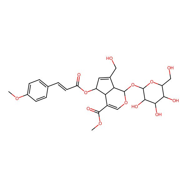 2D Structure of methyl 7-(hydroxymethyl)-5-[(E)-3-(4-methoxyphenyl)prop-2-enoyl]oxy-1-[(2S,3R,4S,5S,6R)-3,4,5-trihydroxy-6-(hydroxymethyl)oxan-2-yl]oxy-1,4a,5,7a-tetrahydrocyclopenta[c]pyran-4-carboxylate