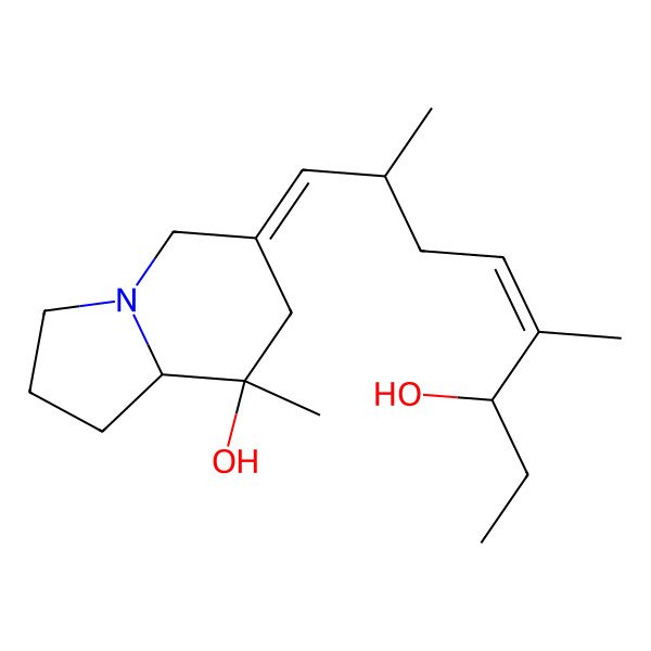 2D Structure of (6Z,8S,8aS)-6-[(E,2S,6R)-6-hydroxy-2,5-dimethyloct-4-enylidene]-8-methyl-1,2,3,5,7,8a-hexahydroindolizin-8-ol