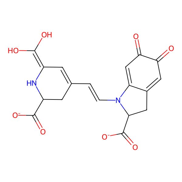 2D Structure of (2S)-1-[(E)-2-[(2S)-2-carboxylato-6-(dihydroxymethylidene)-2,3-dihydro-1H-pyridin-4-yl]ethenyl]-5,6-dioxo-2,3-dihydroindole-2-carboxylate