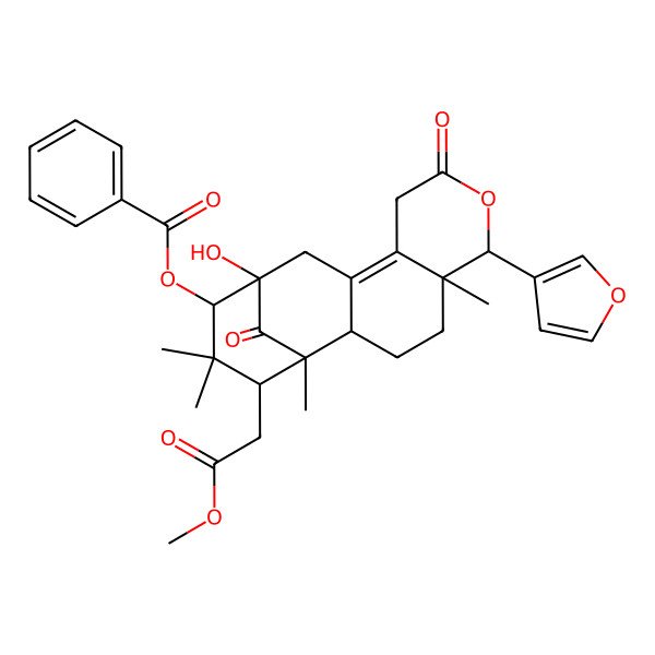 2D Structure of [(1R,2S,5R,6R,13R,14S,16S)-6-(furan-3-yl)-13-hydroxy-16-(2-methoxy-2-oxoethyl)-1,5,15,15-tetramethyl-8,17-dioxo-7-oxatetracyclo[11.3.1.02,11.05,10]heptadec-10-en-14-yl] benzoate
