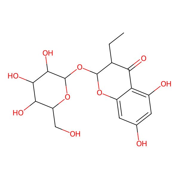 2D Structure of (2S,3S)-3-ethyl-5,7-dihydroxy-2-[(2S,3R,4S,5S,6R)-3,4,5-trihydroxy-6-(hydroxymethyl)oxan-2-yl]oxy-2,3-dihydrochromen-4-one