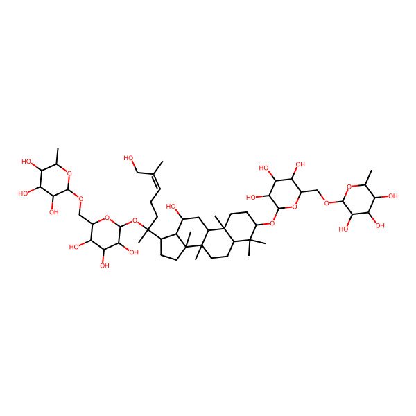 2D Structure of (2S,3S,4R,5R,6R)-2-methyl-6-[[(2R,3S,4S,5R,6R)-3,4,5-trihydroxy-6-[[12-hydroxy-17-[(E)-7-hydroxy-6-methyl-2-[(2S,3R,4S,5S,6R)-3,4,5-trihydroxy-6-[[(2R,3R,4R,5S,6S)-3,4,5-trihydroxy-6-methyloxan-2-yl]oxymethyl]oxan-2-yl]oxyhept-5-en-2-yl]-4,4,8,10,14-pentamethyl-2,3,5,6,7,9,11,12,13,15,16,17-dodecahydro-1H-cyclopenta[a]phenanthren-3-yl]oxy]oxan-2-yl]methoxy]oxane-3,4,5-triol