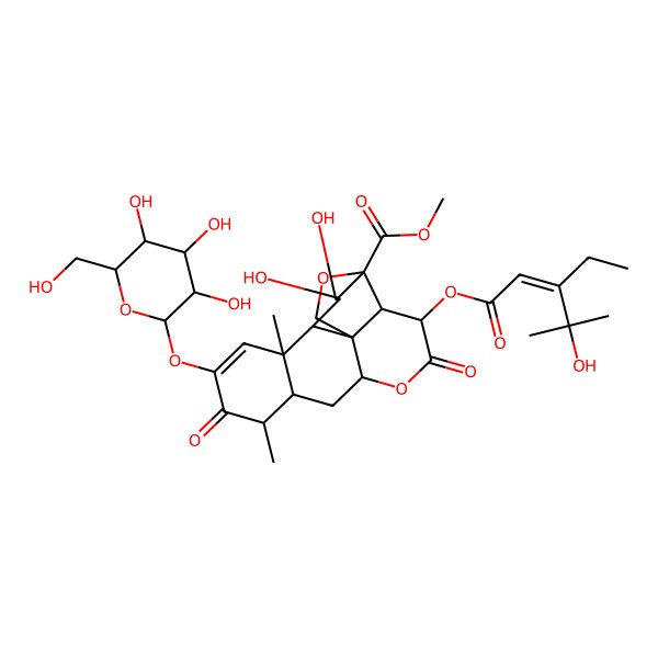2D Structure of 3-Ethyl-4-hydroxy-4-methyl-2-pentenoic acid (1R)-1,2,3,3abeta,4,5,6abeta,7,7aalpha,8,9,11a,11balpha,11c-tetradecahydro-1beta,2alpha-dihydroxy-10-(beta-D-glucopyranosyloxy)-3-(methoxycarbonyl)-8alpha,11abeta-dimethyl-5,9-dioxo-3beta,11cbeta-(epoxymethano)phenanthro[10,1-bc]pyran-4beta-yl ester