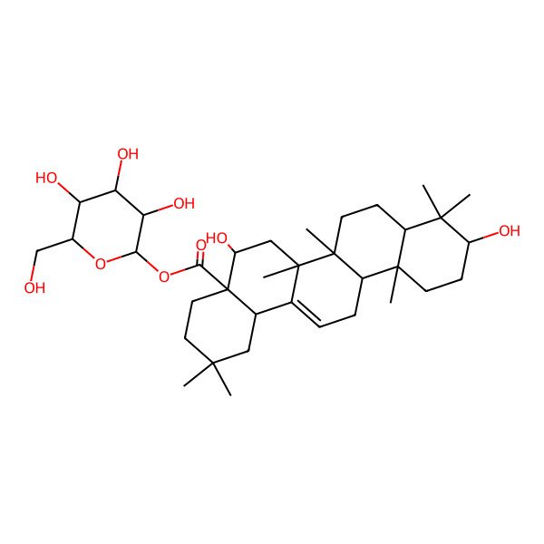2D Structure of [(2S,3R,4S,5S,6R)-3,4,5-trihydroxy-6-(hydroxymethyl)oxan-2-yl] (6bR,12aR)-5,10-dihydroxy-2,2,6a,6b,9,9,12a-heptamethyl-1,3,4,5,6,6a,7,8,8a,10,11,12,13,14b-tetradecahydropicene-4a-carboxylate