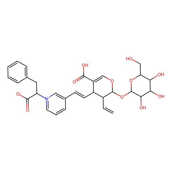 2D Structure of (2R)-2-[3-[(E)-2-[(2S,3R,4S)-5-carboxy-3-ethenyl-2-[(2S,3R,4S,5S,6R)-3,4,5-trihydroxy-6-(hydroxymethyl)oxan-2-yl]oxy-3,4-dihydro-2H-pyran-4-yl]ethenyl]pyridin-1-ium-1-yl]-3-phenylpropanoate