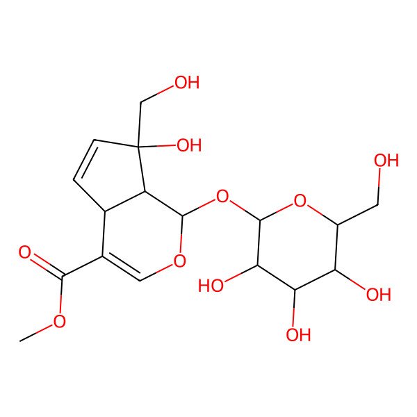 2D Structure of methyl (1R,4aR,7R,7aR)-7-hydroxy-7-(hydroxymethyl)-1-[(2S,3R,4S,5S,6R)-3,4,5-trihydroxy-6-(hydroxymethyl)tetrahydropyran-2-yl]oxy-4a,7a-dihydro-1H-cyclopenta[c]pyran-4-carboxylate