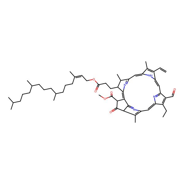 2D Structure of methyl 16-ethenyl-11-ethyl-12-formyl-17,21,26-trimethyl-4-oxo-22-[3-oxo-3-[(E)-3,7,11,15-tetramethylhexadec-2-enoxy]propyl]-7,23,24,25-tetrazahexacyclo[18.2.1.15,8.110,13.115,18.02,6]hexacosa-1,6,8(26),9,11,13(25),14,16,18,20(23)-decaene-3-carboxylate
