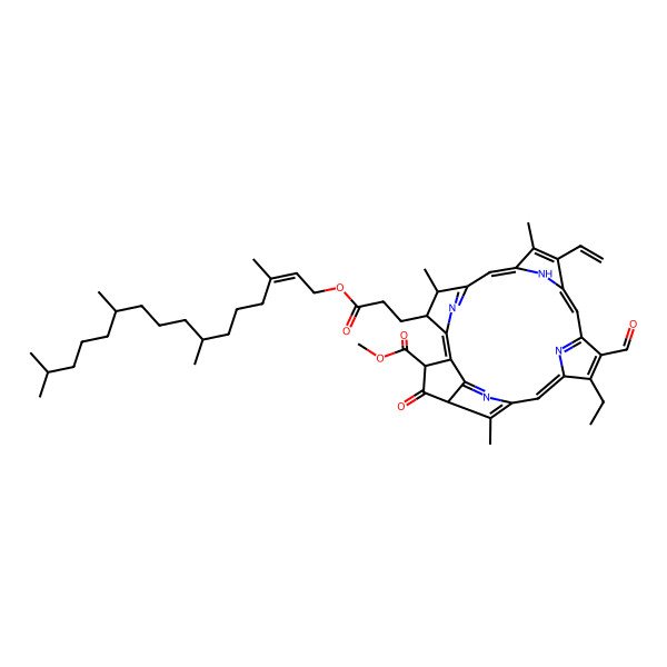 2D Structure of methyl 16-ethenyl-11-ethyl-12-formyl-17,21,26-trimethyl-4-oxo-22-[3-oxo-3-[(E)-3,7,11,15-tetramethylhexadec-2-enoxy]propyl]-7,23,24,25-tetrazahexacyclo[18.2.1.15,8.110,13.115,18.02,6]hexacosa-1,6,8(26),9,11,13(25),14,16,18,20(23)-decaene-3-carboxylate