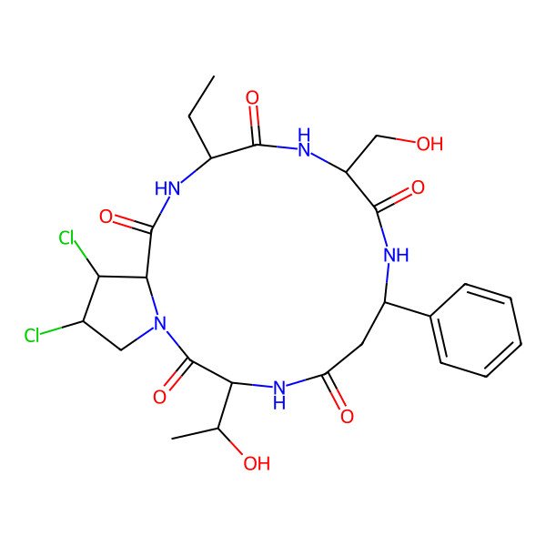 2D Structure of (3S,7R,10S,13S,16R,17S,18R)-17,18-dichloro-13-ethyl-3-[(1S)-1-hydroxyethyl]-10-(hydroxymethyl)-7-phenyl-1,4,8,11,14-pentazabicyclo[14.3.0]nonadecane-2,5,9,12,15-pentone