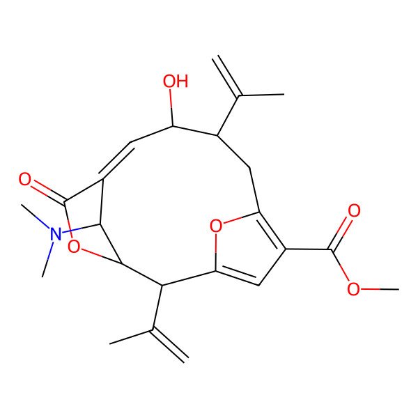 2D Structure of methyl (2R,3S,6Z,8S,9R,15R)-15-(dimethylamino)-8-hydroxy-5-oxo-2,9-bis(prop-1-en-2-yl)-4,14-dioxatricyclo[9.2.1.13,6]pentadeca-1(13),6,11-triene-12-carboxylate