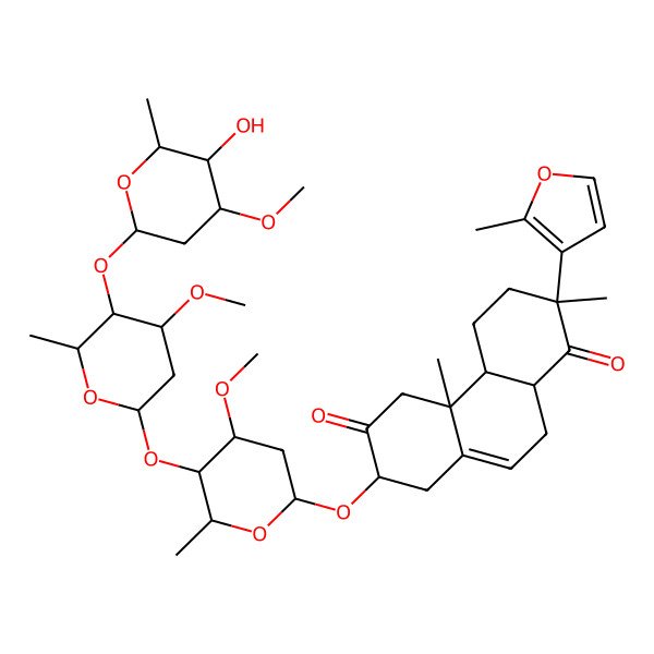 2D Structure of (2R,4aS,4bR,7R,10aR)-7-[(2S,4S,5R,6R)-5-[(2S,4S,5R,6S)-5-[(2S,4S,5R,6R)-5-hydroxy-4-methoxy-6-methyloxan-2-yl]oxy-4-methoxy-6-methyloxan-2-yl]oxy-4-methoxy-6-methyloxan-2-yl]oxy-2,4b-dimethyl-2-(2-methylfuran-3-yl)-3,4,4a,5,7,8,10,10a-octahydrophenanthrene-1,6-dione