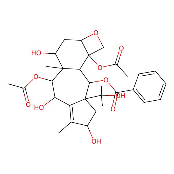 2D Structure of [(2S,3S,5S,8R,9R,10S,11S,13R,16S)-9,16-diacetyloxy-5,8,11-trihydroxy-3-(2-hydroxypropan-2-yl)-6,10-dimethyl-14-oxatetracyclo[8.6.0.03,7.013,16]hexadec-6-en-2-yl] benzoate