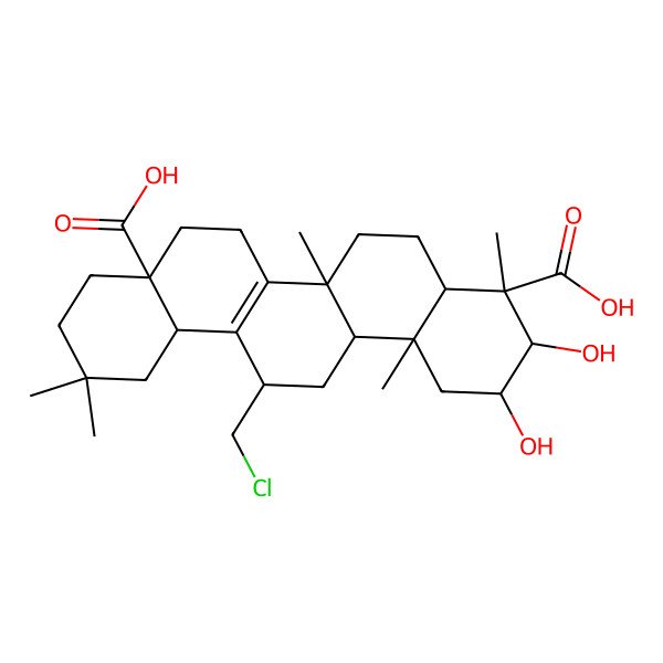 2D Structure of 13-(chloromethyl)-2,3-dihydroxy-4,6a,11,11,14b-pentamethyl-2,3,4a,5,6,7,8,9,10,12,12a,13,14,14a-tetradecahydro-1H-picene-4,8a-dicarboxylic acid