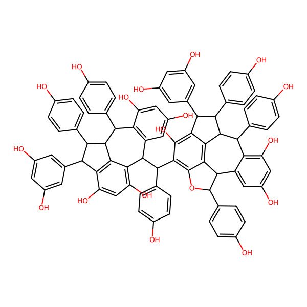 2D Structure of (2R,9S,10S,11S,12S)-12-(3,5-dihydroxyphenyl)-2-[(R)-[(1S,2R,3R,9S,10S,17S)-3-(3,5-dihydroxyphenyl)-5,13,15-trihydroxy-2,9,17-tris(4-hydroxyphenyl)-8-oxapentacyclo[8.7.2.04,18.07,19.011,16]nonadeca-4(18),5,7(19),11(16),12,14-hexaen-6-yl]-(4-hydroxyphenyl)methyl]-9,11-bis(4-hydroxyphenyl)tetracyclo[8.6.1.03,8.013,17]heptadeca-1(16),3(8),4,6,13(17),14-hexaene-5,7,14,16-tetrol