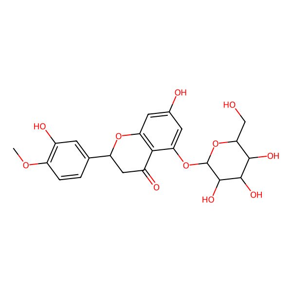 2D Structure of (2S)-7-hydroxy-2-(3-hydroxy-4-methoxyphenyl)-5-[(2S,3R,4S,5S,6R)-3,4,5-trihydroxy-6-(hydroxymethyl)oxan-2-yl]oxy-2,3-dihydrochromen-4-one