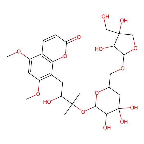 2D Structure of 8-[3-[(2S,3S,6S)-6-[[(2R,3R)-3,4-dihydroxy-4-(hydroxymethyl)oxolan-2-yl]oxymethyl]-3,4,4-trihydroxyoxan-2-yl]oxy-2-hydroxy-3-methylbutyl]-5,7-dimethoxychromen-2-one