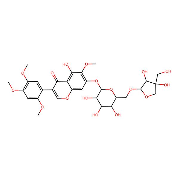 2D Structure of 7-[(2S,3R,4S,5S,6R)-6-[[(2R,3R,4R)-3,4-dihydroxy-4-(hydroxymethyl)oxolan-2-yl]oxymethyl]-3,4,5-trihydroxyoxan-2-yl]oxy-5-hydroxy-6-methoxy-3-(2,4,5-trimethoxyphenyl)chromen-4-one