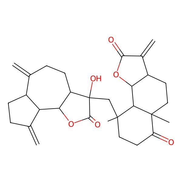 2D Structure of (3aS,5aR,9S,9aS,9bS)-9-[[(3R,3aR,6aR,9aR,9bR)-3-hydroxy-6,9-dimethylidene-2-oxo-3a,4,5,6a,7,8,9a,9b-octahydroazuleno[4,5-b]furan-3-yl]methyl]-5a,9-dimethyl-3-methylidene-4,5,7,8,9a,9b-hexahydro-3aH-benzo[g][1]benzofuran-2,6-dione