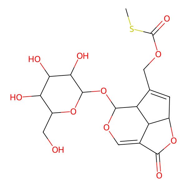 2D Structure of [(4S,8S)-2-oxo-8-[(2S,3R,4S,5S,6R)-3,4,5-trihydroxy-6-(hydroxymethyl)oxan-2-yl]oxy-3,9-dioxatricyclo[5.3.1.04,11]undeca-1(10),5-dien-6-yl]methyl methylsulfanylformate