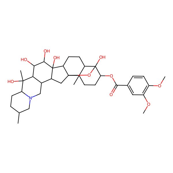 2D Structure of [(1S,2S,6S,9S,10S,11R,12R,13S,14S,15S,18S,19S,22S,23R,25R)-10,12,13,14,23-pentahydroxy-6,10,19-trimethyl-24-oxa-4-azaheptacyclo[12.12.0.02,11.04,9.015,25.018,23.019,25]hexacosan-22-yl] 3,4-dimethoxybenzoate