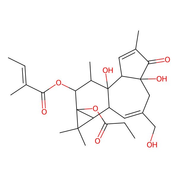 2D Structure of [(1S,2S,6R,10S,11R,13S,14R,15R)-1,6-dihydroxy-8-(hydroxymethyl)-4,12,12,15-tetramethyl-5-oxo-13-propanoyloxy-14-tetracyclo[8.5.0.02,6.011,13]pentadeca-3,8-dienyl] (E)-2-methylbut-2-enoate