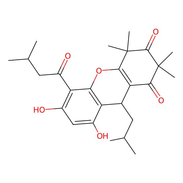 2D Structure of (9R)-2,2,4,4-Tetramethyl-5-(3-methylbutanoyl)-9beta-isobutyl-6,8-dihydroxy-1,2,3,4-tetrahydro-9H-xanthene-1,3-dione