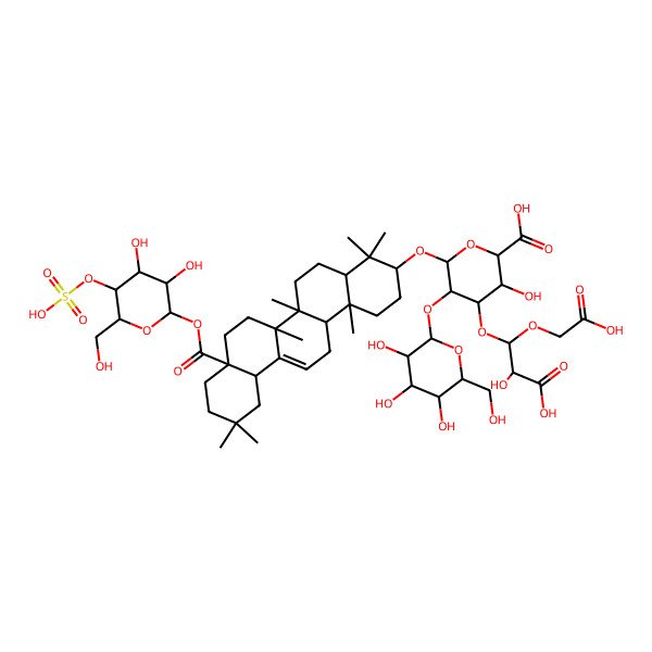 2D Structure of (2S,3S,4S,5R,6R)-6-[[(3S,4aR,6aR,6bS,8aS,12aS,14aR,14bR)-8a-[(2S,3R,4R,5S,6R)-3,4-dihydroxy-6-(hydroxymethyl)-5-sulfooxyoxan-2-yl]oxycarbonyl-4,4,6a,6b,11,11,14b-heptamethyl-1,2,3,4a,5,6,7,8,9,10,12,12a,14,14a-tetradecahydropicen-3-yl]oxy]-4-[(1S,2R)-2-carboxy-1-(carboxymethoxy)-2-hydroxyethoxy]-3-hydroxy-5-[(2S,3R,4S,5S,6R)-3,4,5-trihydroxy-6-(hydroxymethyl)oxan-2-yl]oxyoxane-2-carboxylic acid