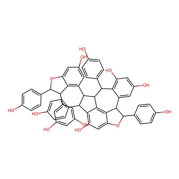 2D Structure of (1S,2R,3R,9S,10S,17S)-2-[(2R,3R)-3-(3,5-dihydroxyphenyl)-6-hydroxy-2-(4-hydroxyphenyl)-2,3-dihydro-1-benzofuran-4-yl]-3,9,17-tris(4-hydroxyphenyl)-8-oxapentacyclo[8.7.2.04,18.07,19.011,16]nonadeca-4(18),5,7(19),11(16),12,14-hexaene-5,13,15-triol