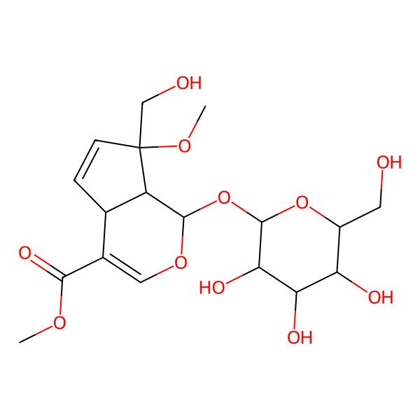 2D Structure of [(3aalpha,7aalpha)-3alpha-(Hydroxymethyl)-3beta-methoxy-7-(methoxycarbonyl)-5-oxahydrindane-1,6-diene-4alpha-yl]beta-D-glucopyranoside