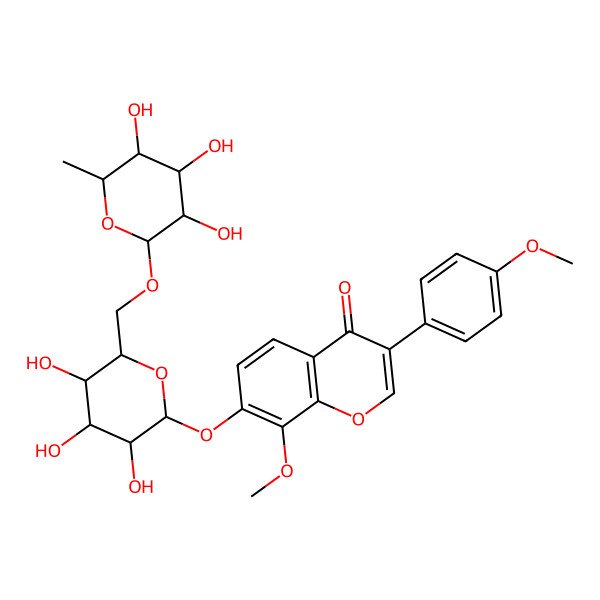 2D Structure of 8-methoxy-3-(4-methoxyphenyl)-7-[(2S,3R,4S,5S,6R)-3,4,5-trihydroxy-6-[[(2S,3S,4S,5S,6R)-3,4,5-trihydroxy-6-methyloxan-2-yl]oxymethyl]oxan-2-yl]oxychromen-4-one