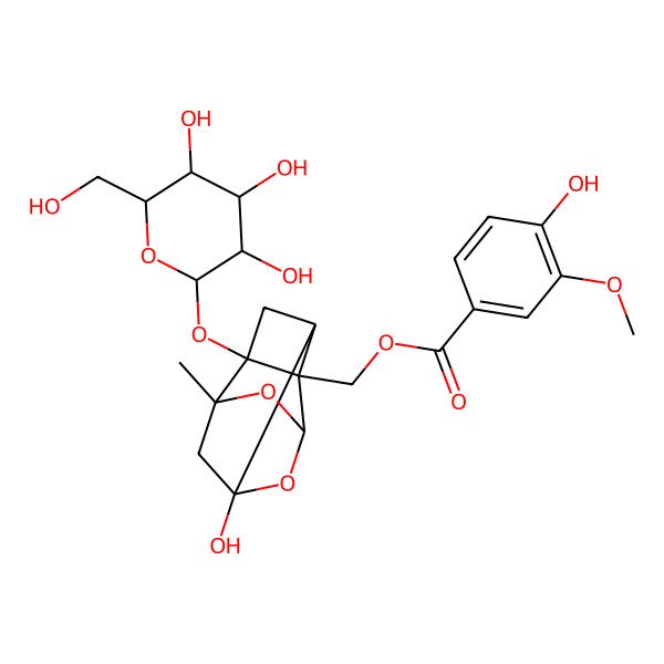 2D Structure of [(1R,2S,3R,5R,6R,8S)-6-hydroxy-8-methyl-3-[(2S,3R,4S,5S,6R)-3,4,5-trihydroxy-6-(hydroxymethyl)oxan-2-yl]oxy-9,10-dioxatetracyclo[4.3.1.02,5.03,8]decan-2-yl]methyl 4-hydroxy-3-methoxybenzoate