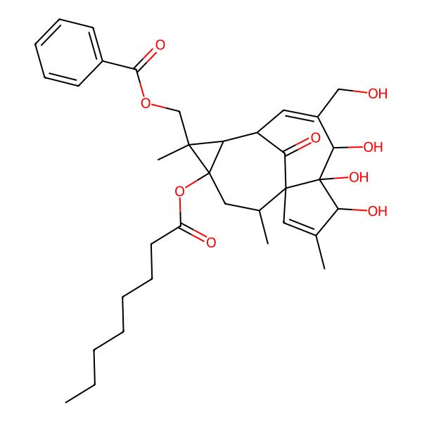 2D Structure of [(1S,4S,5R,6R,9S,10R,11R,12S,14R)-4,5,6-trihydroxy-7-(hydroxymethyl)-3,11,14-trimethyl-12-octanoyloxy-15-oxo-11-tetracyclo[7.5.1.01,5.010,12]pentadeca-2,7-dienyl]methyl benzoate