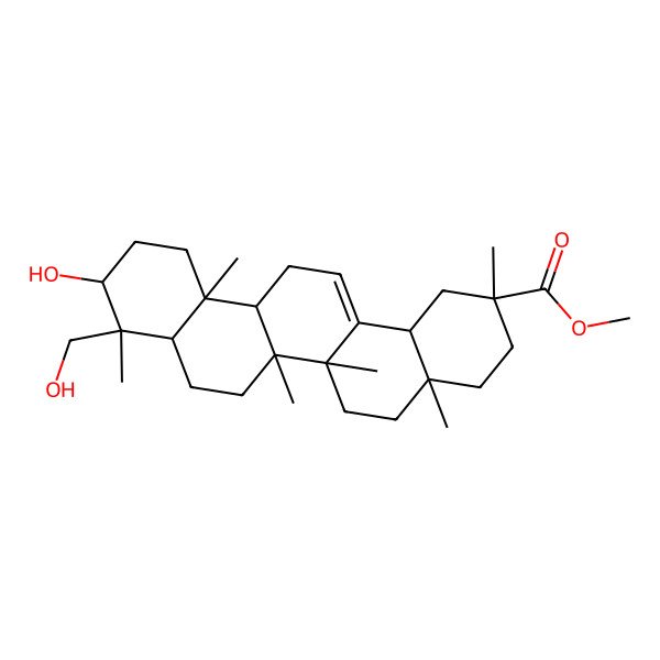 2D Structure of methyl (2S,4aS,6bR,9S,10S,12aR,14bR)-10-hydroxy-9-(hydroxymethyl)-2,4a,6a,6b,9,12a-hexamethyl-1,3,4,5,6,6a,7,8,8a,10,11,12,13,14b-tetradecahydropicene-2-carboxylate
