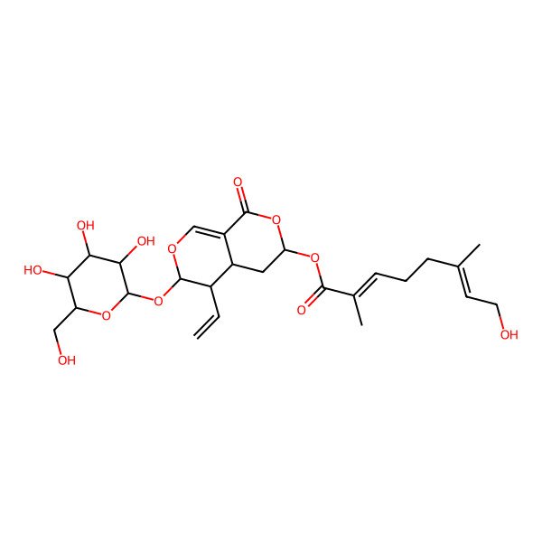 2D Structure of [5-ethenyl-1-oxo-6-[(2S,3R,4S,5S,6R)-3,4,5-trihydroxy-6-(hydroxymethyl)oxan-2-yl]oxy-4,4a,5,6-tetrahydro-3H-pyrano[3,4-c]pyran-3-yl] (2E,6Z)-8-hydroxy-2,6-dimethylocta-2,6-dienoate