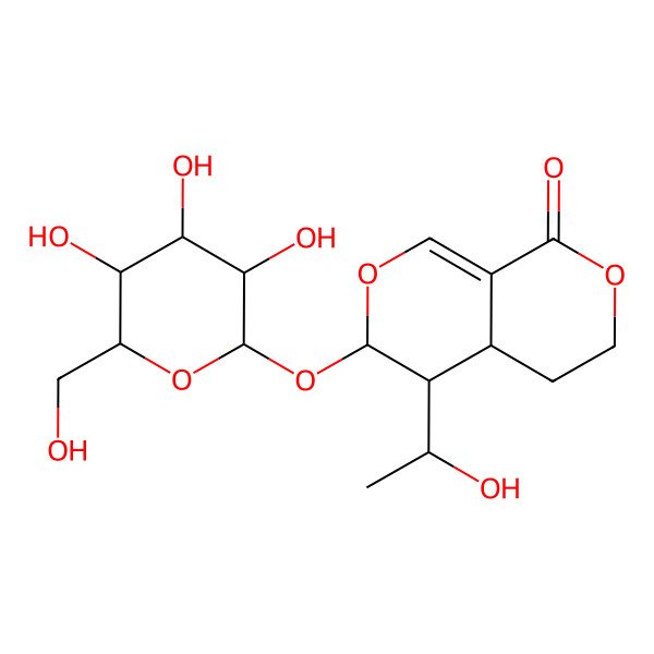 2D Structure of 4-(1-hydroxyethyl)-3-[(2S,3R,4S,5S,6R)-3,4,5-trihydroxy-6-(hydroxymethyl)oxan-2-yl]oxy-4,4a,5,6-tetrahydro-3H-pyrano[3,4-c]pyran-8-one