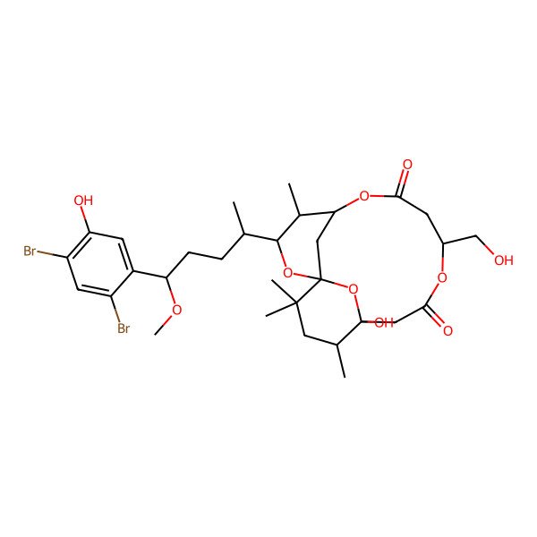 2D Structure of (1S,3R,4S,5S,9R,13S,14R)-3-[(2S,5S)-5-(2,4-dibromo-5-hydroxyphenyl)-5-methoxypentan-2-yl]-13-hydroxy-9-(hydroxymethyl)-4,14,16,16-tetramethyl-2,6,10,17-tetraoxatricyclo[11.3.1.11,5]octadecane-7,11-dione