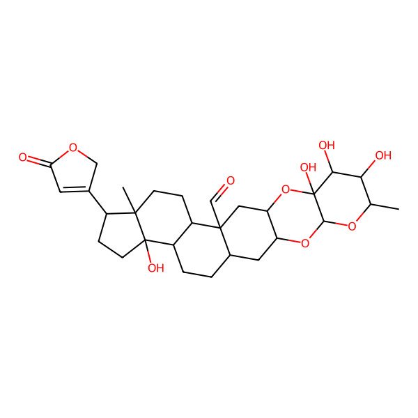 2D Structure of (1S,3R,5S,7R,8S,9R,10S,12R,14R,15S,18R,19R,22S,23R)-8,9,10,22-tetrahydroxy-7,18-dimethyl-19-(5-oxo-2H-furan-3-yl)-4,6,11-trioxahexacyclo[12.11.0.03,12.05,10.015,23.018,22]pentacosane-14-carbaldehyde