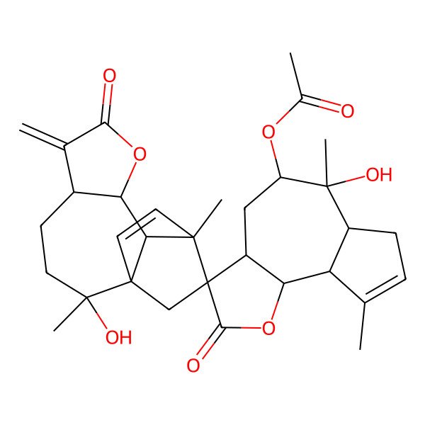 2D Structure of Spiro(azuleno(4,5-b)furan-3(2H),10'-(4H-6a,9)ethanoazuleno(4,5-b)furan)-2,2'(3'H)-dione, 4-(acetyloxy)-3a,3'a,4,5,5',6,6',6a,7,9',9a,9'a,9b,9'b-tetradecahydro-6,6'-dihydroxy-6,6',9,9'-tetramethyl-3'-methylene-, (3'aS-(3'aalpha,6'alpha,6'aa lpha,9'alpha,9'aalpha,9'bbeta,10'S*(3aS*,4R*,6S*,6aS*,9aS*,9bS*)))- 2D Structure of Spiro(azuleno(4,5-b)furan-3(2H),10'-(4H-6a,9)ethanoazuleno(4,5-b)furan)-2,2'(3'H)-dione, 4-(acetyloxy)-3a,3'a,4,5,5',6,6',6a,7,9',9a,9'a,9b,9'b-tetradecahydro-6,6'-dihydroxy-6,6',9,9'-tetramethyl-3'-methylene-, (3'aS-(3'aalpha,6'alpha,6'aa lpha,9'alpha,9'aalpha,9'bbeta,10'S*(3aS*,4R*,6S*,6aS*,9aS*,9bS*)))-