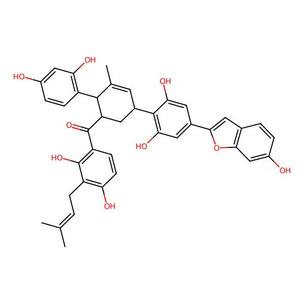 2D Structure of [(1R,2S,5S)-5-[2,6-dihydroxy-4-(6-hydroxy-1-benzofuran-2-yl)phenyl]-2-(2,4-dihydroxyphenyl)-3-methylcyclohex-3-en-1-yl]-[2,4-dihydroxy-3-(3-methylbut-2-enyl)phenyl]methanone