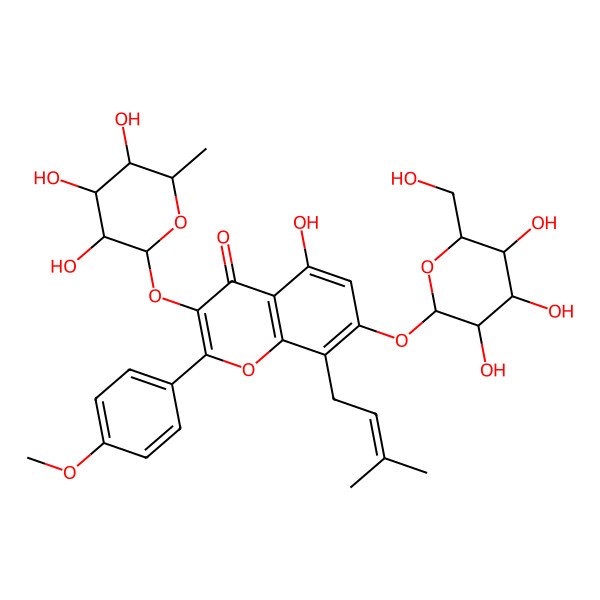 2D Structure of 5-hydroxy-2-(4-methoxyphenyl)-8-(3-methylbut-2-enyl)-7-[(2S,3R,4S,5S,6R)-3,4,5-trihydroxy-6-(hydroxymethyl)oxan-2-yl]oxy-3-[(2R,3R,4R,5R,6S)-3,4,5-trihydroxy-6-methyloxan-2-yl]oxychromen-4-one