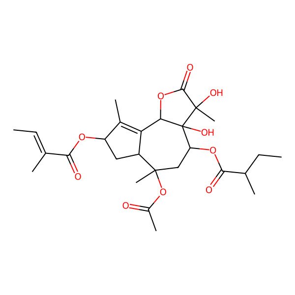 2D Structure of [(3S,3aR,4S,6S,6aS,8R,9bS)-6-acetyloxy-3,3a-dihydroxy-3,6,9-trimethyl-8-[(Z)-2-methylbut-2-enoyl]oxy-2-oxo-4,5,6a,7,8,9b-hexahydroazuleno[4,5-b]furan-4-yl] 2-methylbutanoate